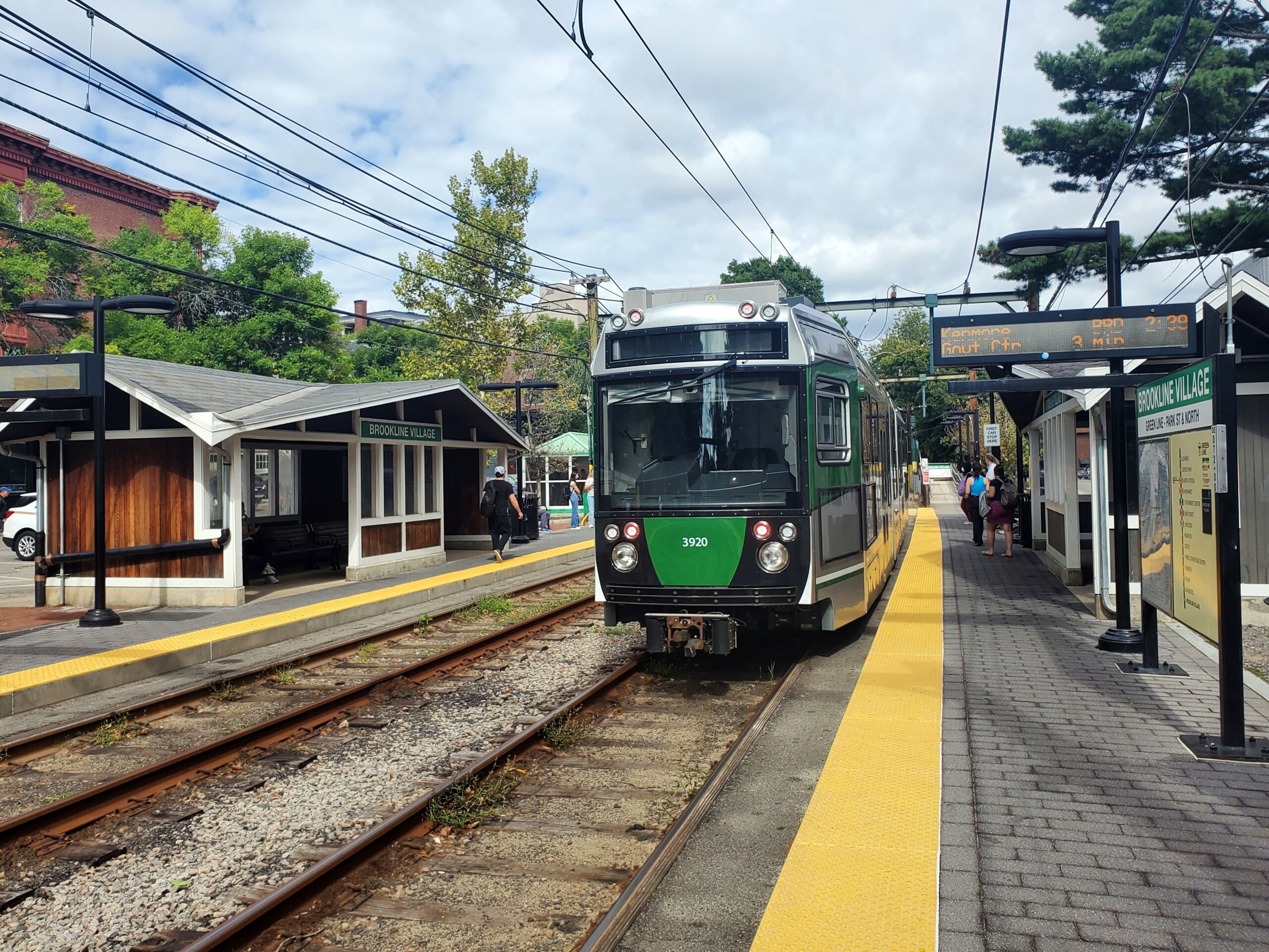 Inbound Green Line D train at Brookline Village MBTA station, the closest transit stop to NETA Brookline