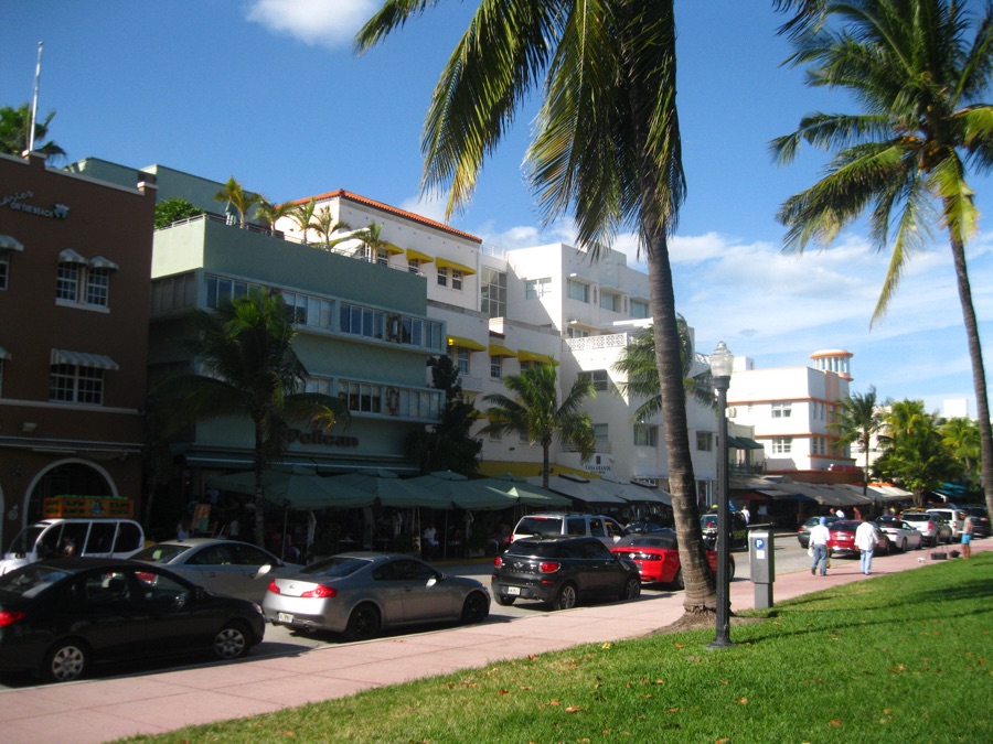 Art Deco district pastel hotels on Ocean Drive in South Beach Miami Beach near Sunburn Cannabis on Alton Road
