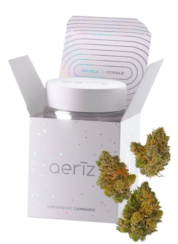 Aeriz aeroponic cannabis flower jar with white iridescent box and three frosty bud samples, representative of the Aeriz Skywalker OG eighth purchased at Dispensary 33 Andersonville