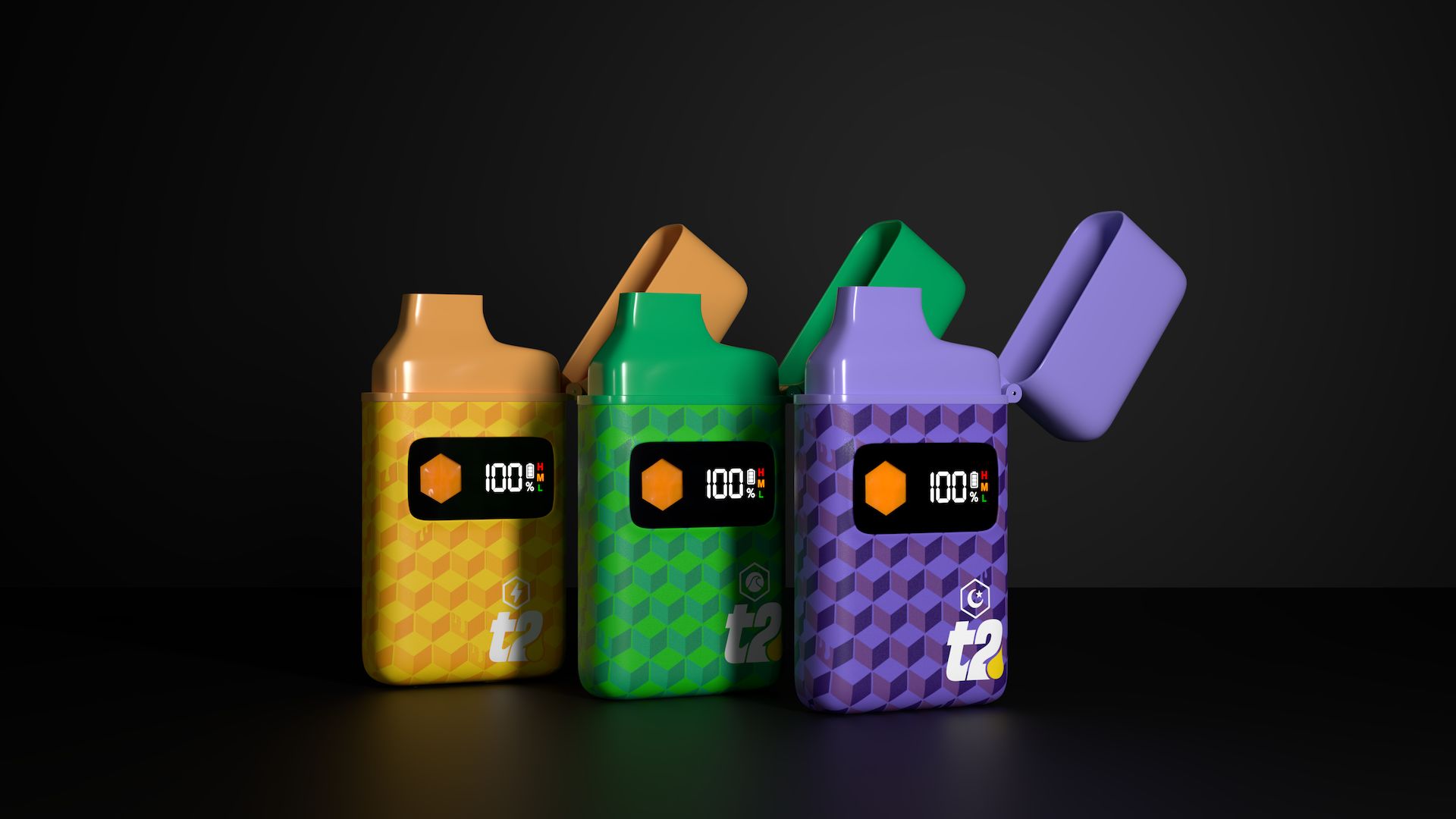 Timeless Vapes T2 AIO 2-gram rechargeable disposable vaporizer trio in yellow green and purple