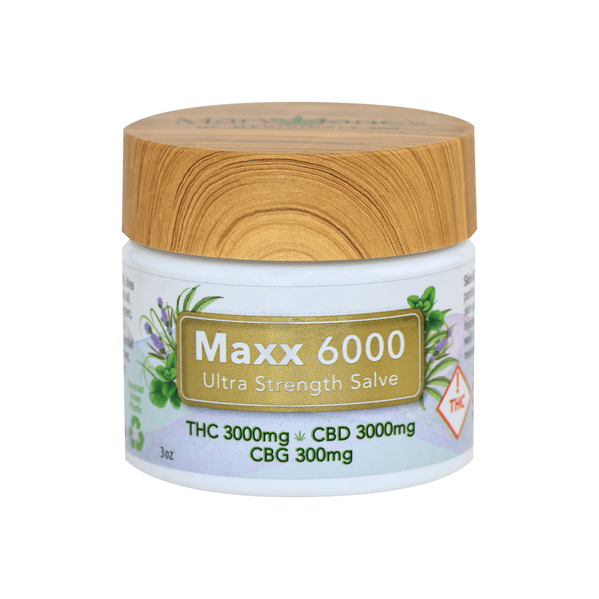 Mary Janes Medicinals Maxx 6000 Ultra Strength Salve jar with herbs and wood-grain lid