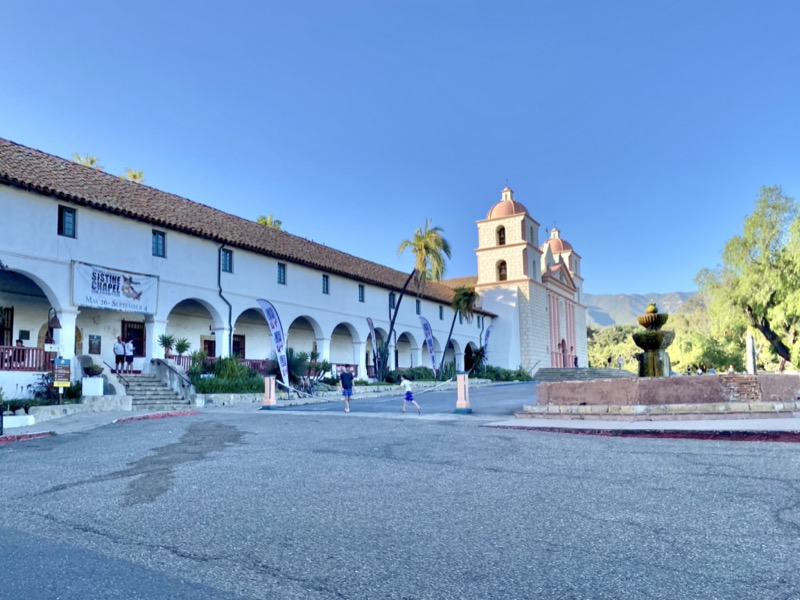 Old Mission Santa Barbara facade on Laguna Street near The Farmacy on West Mission Street, the locally-founded boutique cannabis dispensary four blocks south of the Old Mission.