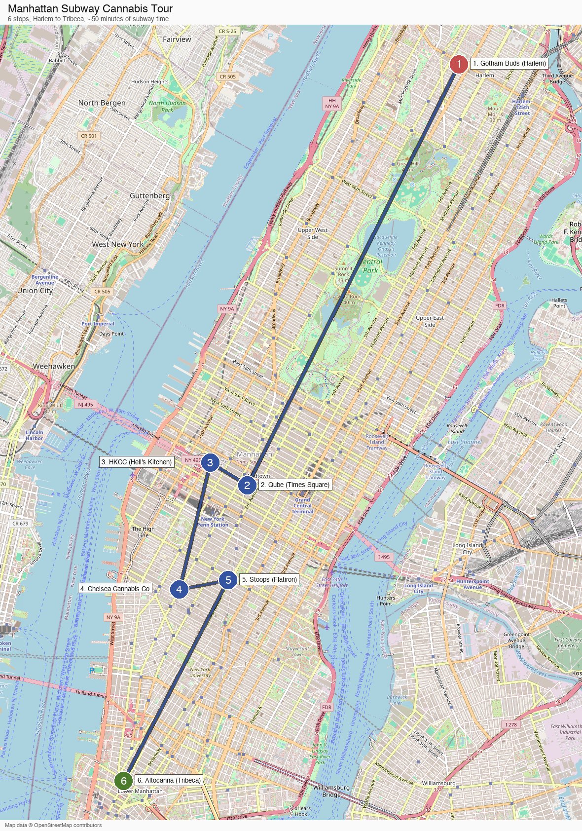 Map of the six-stop Manhattan subway cannabis tour, from Gotham Buds in Harlem south to Altocanna in Tribeca
