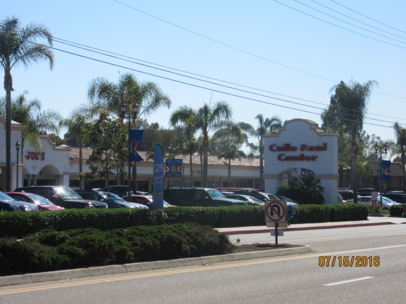 Calle Real shopping corridor in Goleta near Off the Charts Goleta dispensary, the only licensed cannabis storefront operating inside Goleta city limits.