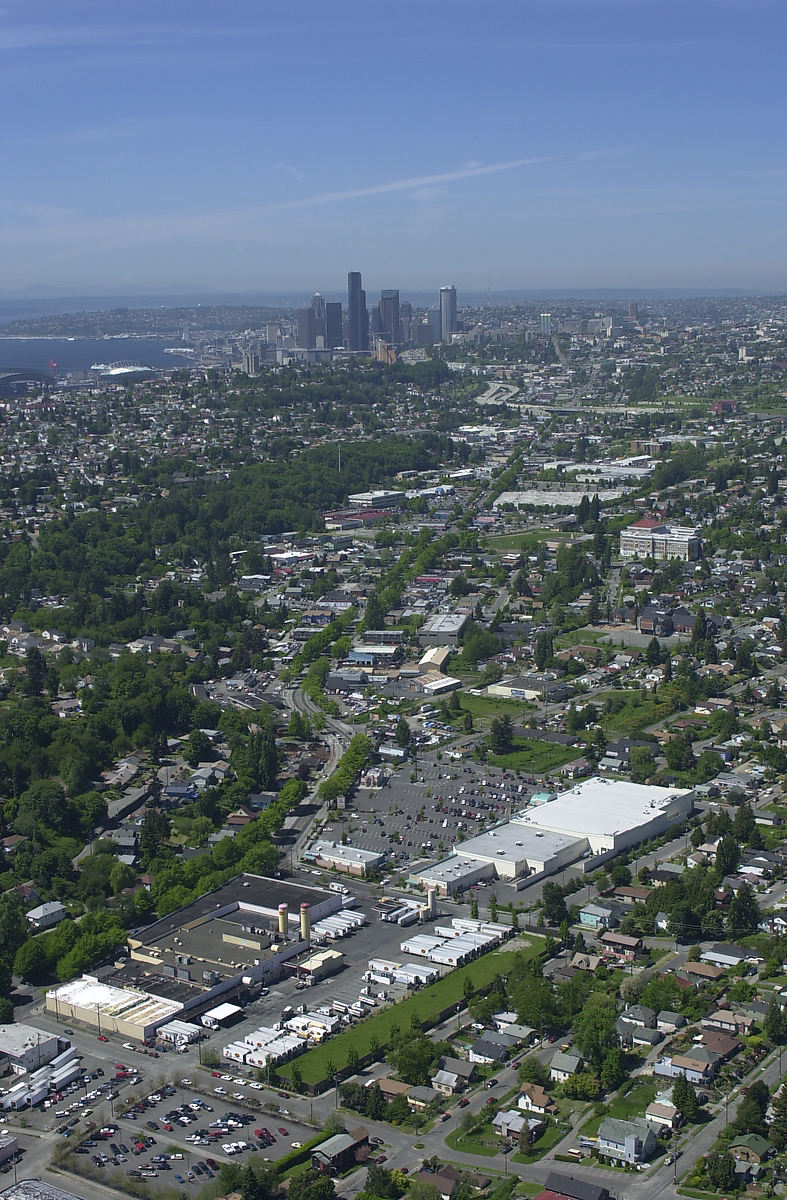 Aerial view of Rainier Avenue South corridor in Seattle Washington looking south through the Rainier Valley neighborhood