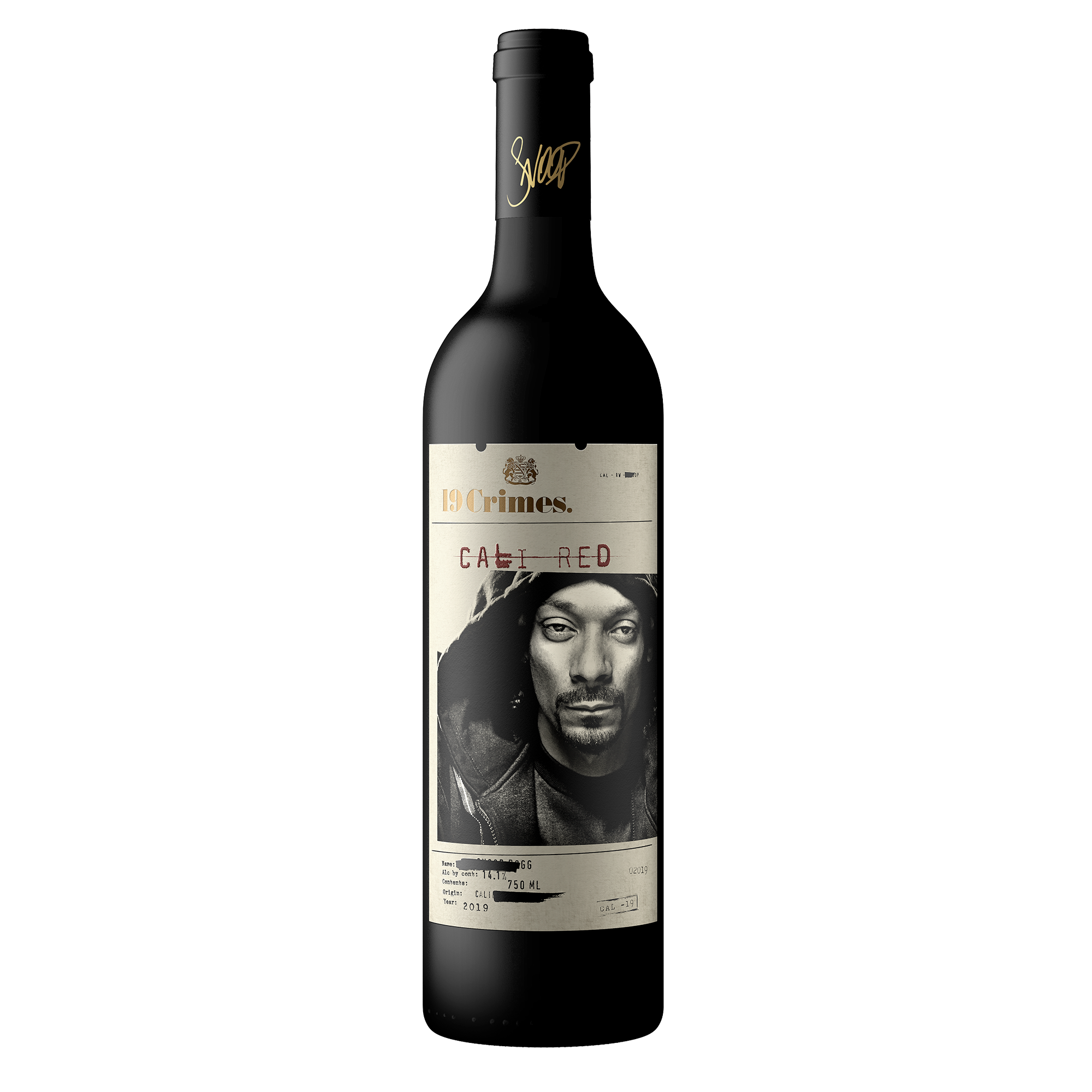 19 Crimes Cali Red wine bottle featuring Snoop Dogg's portrait on the label, the augmented-reality wine partnership with Treasury Wine Estates launched in 2020
