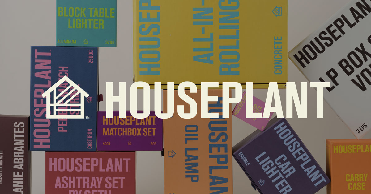 Houseplant product packaging stack featuring the brand's table lighters, ashtray sets, matchbox sets, oil lamps, and rolling papers, the lifestyle line co-founded by Seth Rogen and promoted by Snoop Dogg