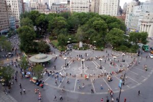 Union Square Manhattan with park and surrounding storefronts