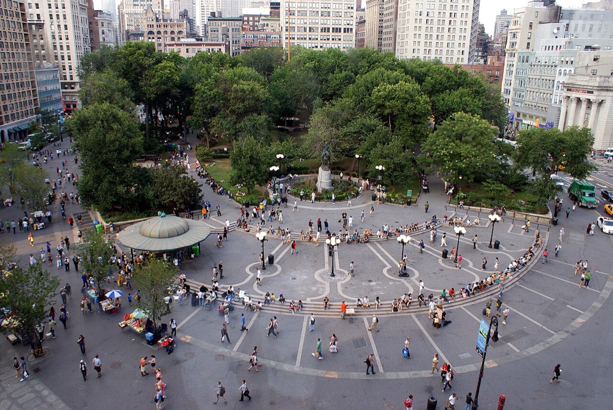 Aerial view of Union Square Park in Manhattan near The Travel Agency dispensary