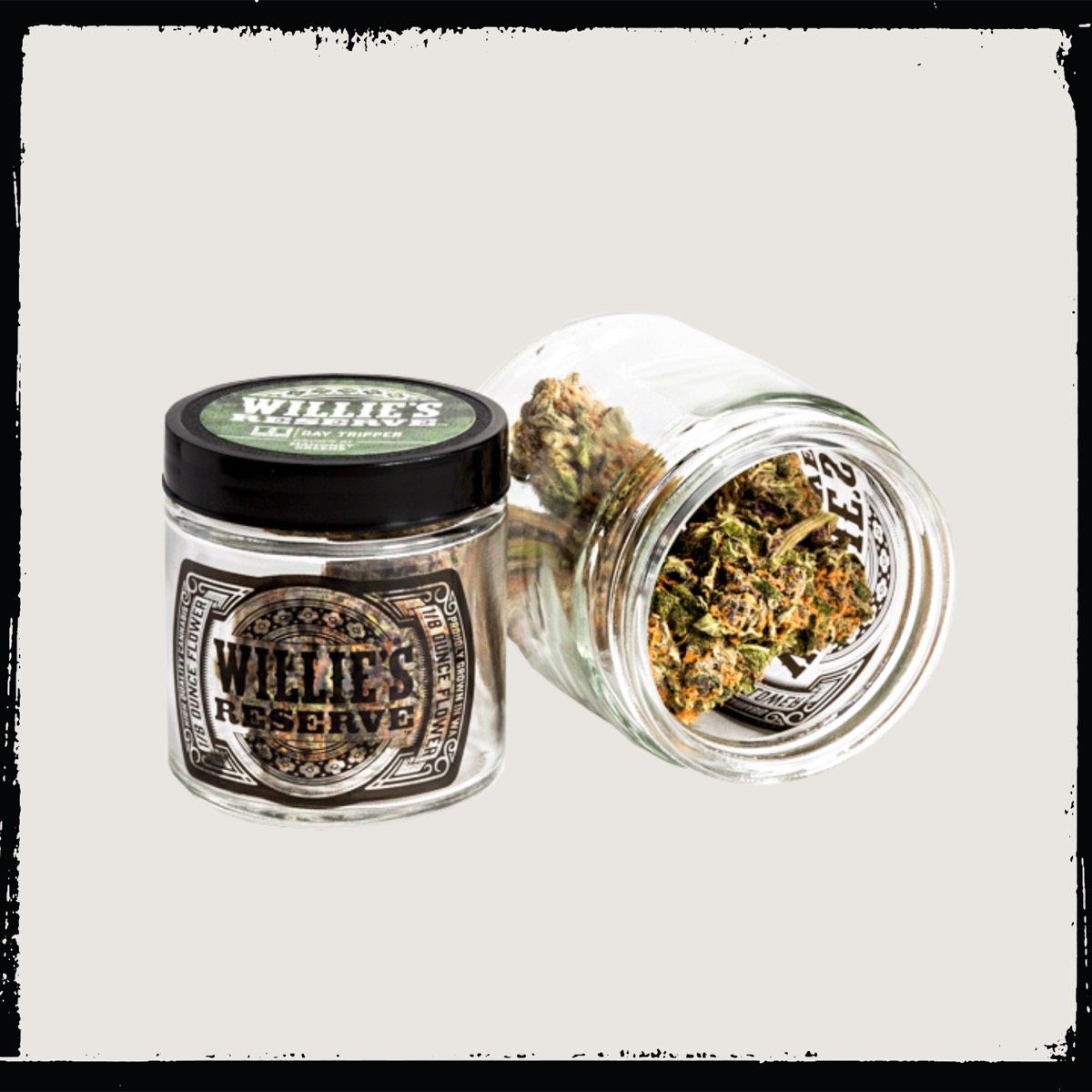 Willies Reserve premium cannabis flower jars in the brand's old western black-label packaging, the actual product shipped to dispensaries across Colorado, California, Nevada, and Washington