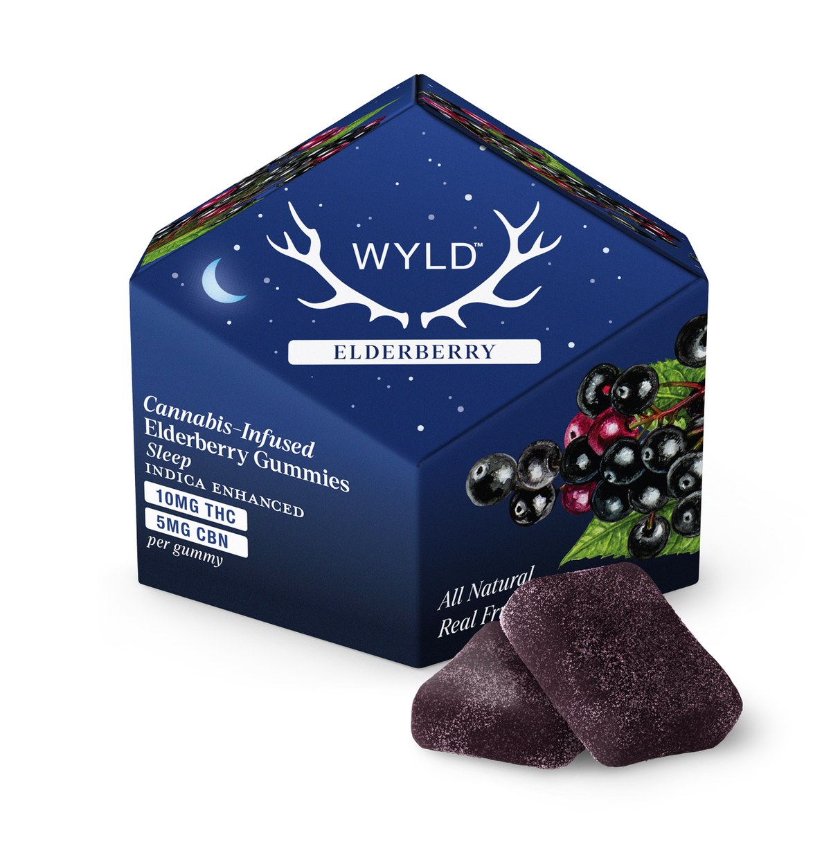 Wyld Elderberry 10mg THC 5mg CBN sleep gummies tin with the antler logo and dark elderberries on the box