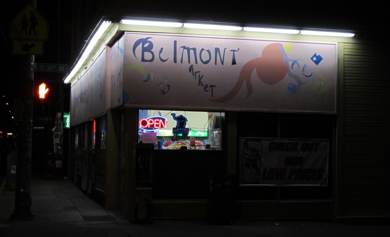 Belmont Market storefront sign in SE Portland on Belmont Street