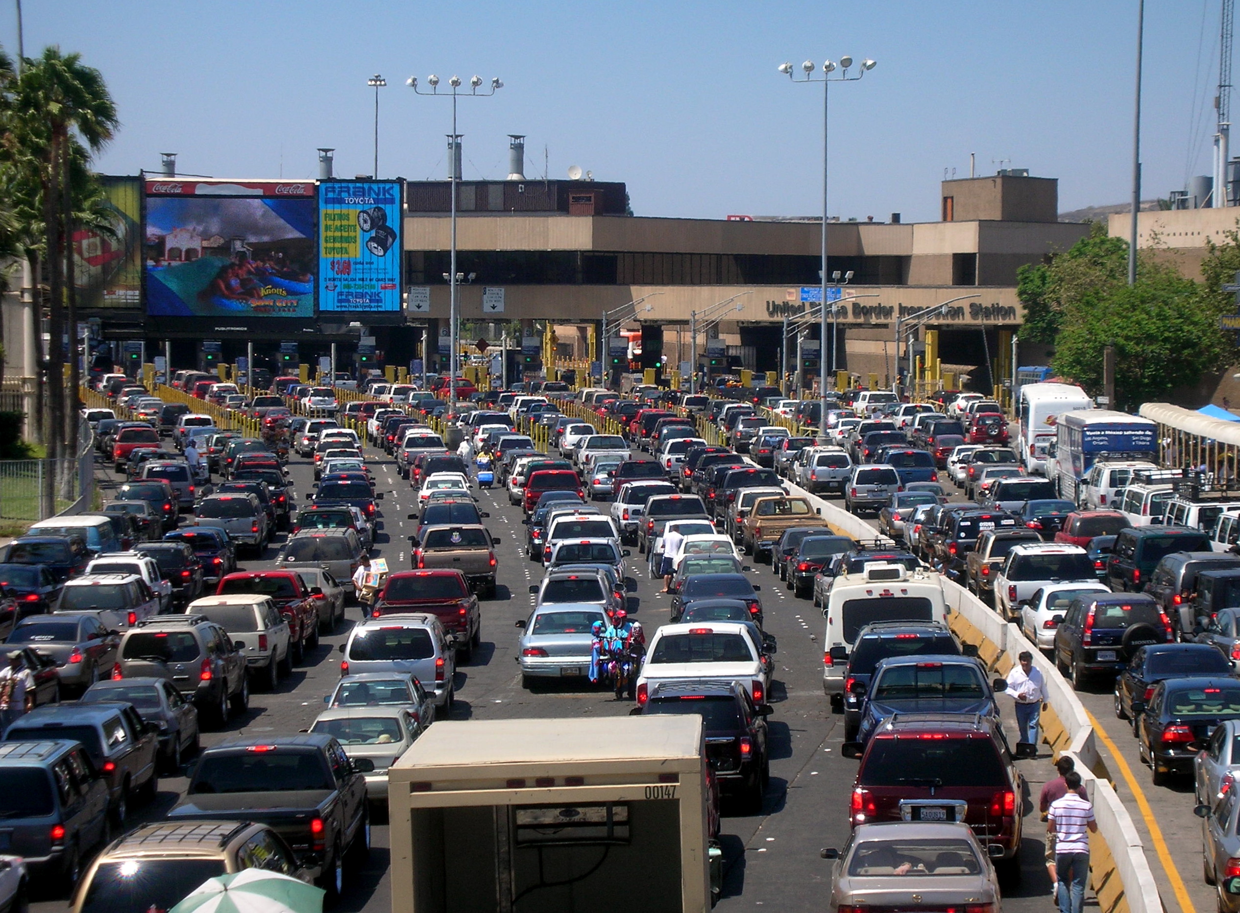 Northbound traffic stacked at the San Ysidro Port of Entry on the United States side of the Tijuana border crossing in San Diego
