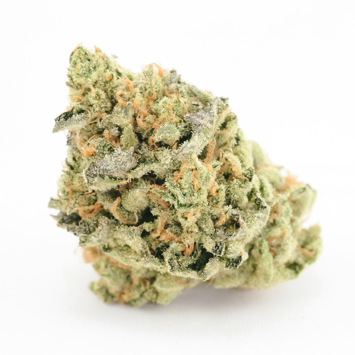 Frosty trichome-coated Wedding Cake cannabis flower bud, the High Supply eighth purchased at Sunnyside Wrigleyville for forty dollars