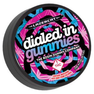Dialed In Gummies Lazercat collab tin with pink and blue psychedelic label artwork and Colorado THC warning symbol