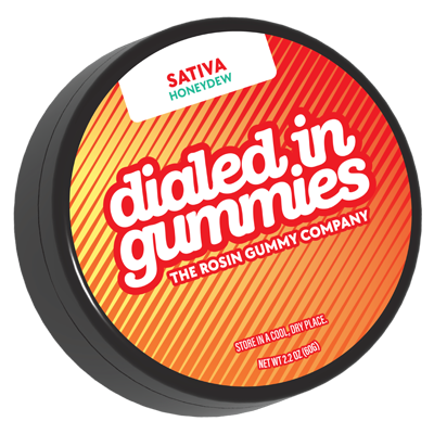 Dialed In sativa rosin gummies tin showing the 10-piece solventless rosin drops format